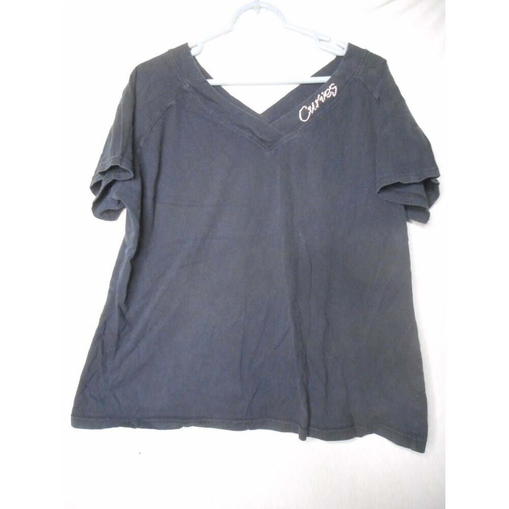 Curves silver beaded logo Black V neck Size XL short Sleeve T shirt Top cotton